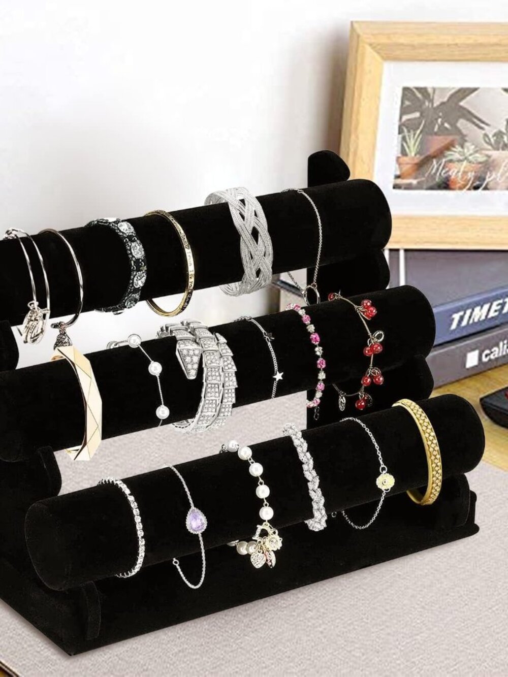 Velvet Bracelet Holder with 3 Tier Rack, Black Detachable Jewelry Display Stand - Picture 2 of 7